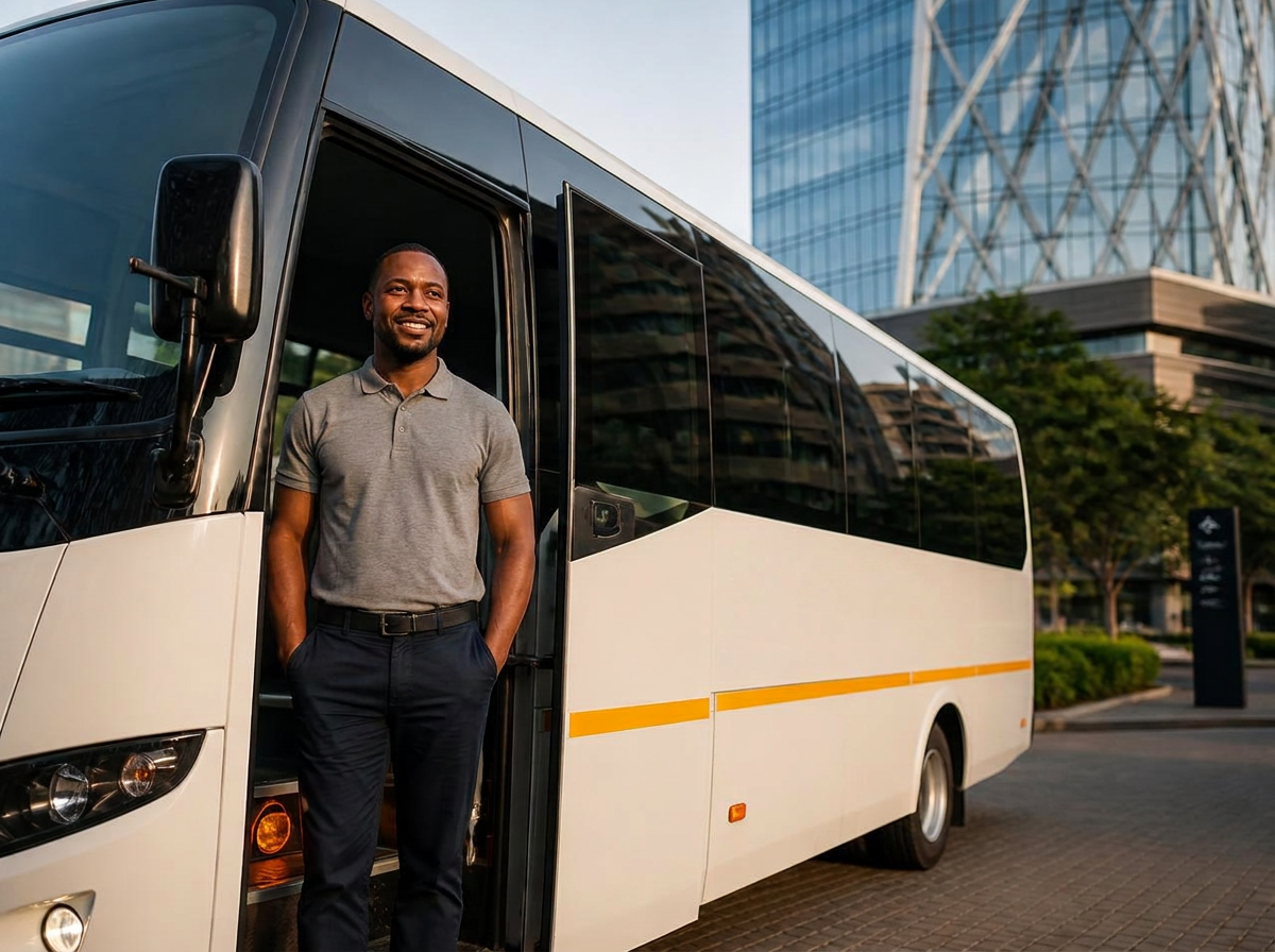 Staff shuttle minibus with a driver in everyday clothes standing at the open door