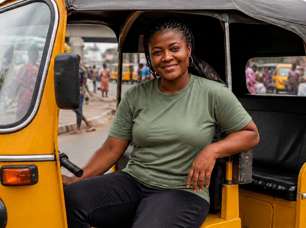 Female driver in everyday clothes seated on her keke tricycle