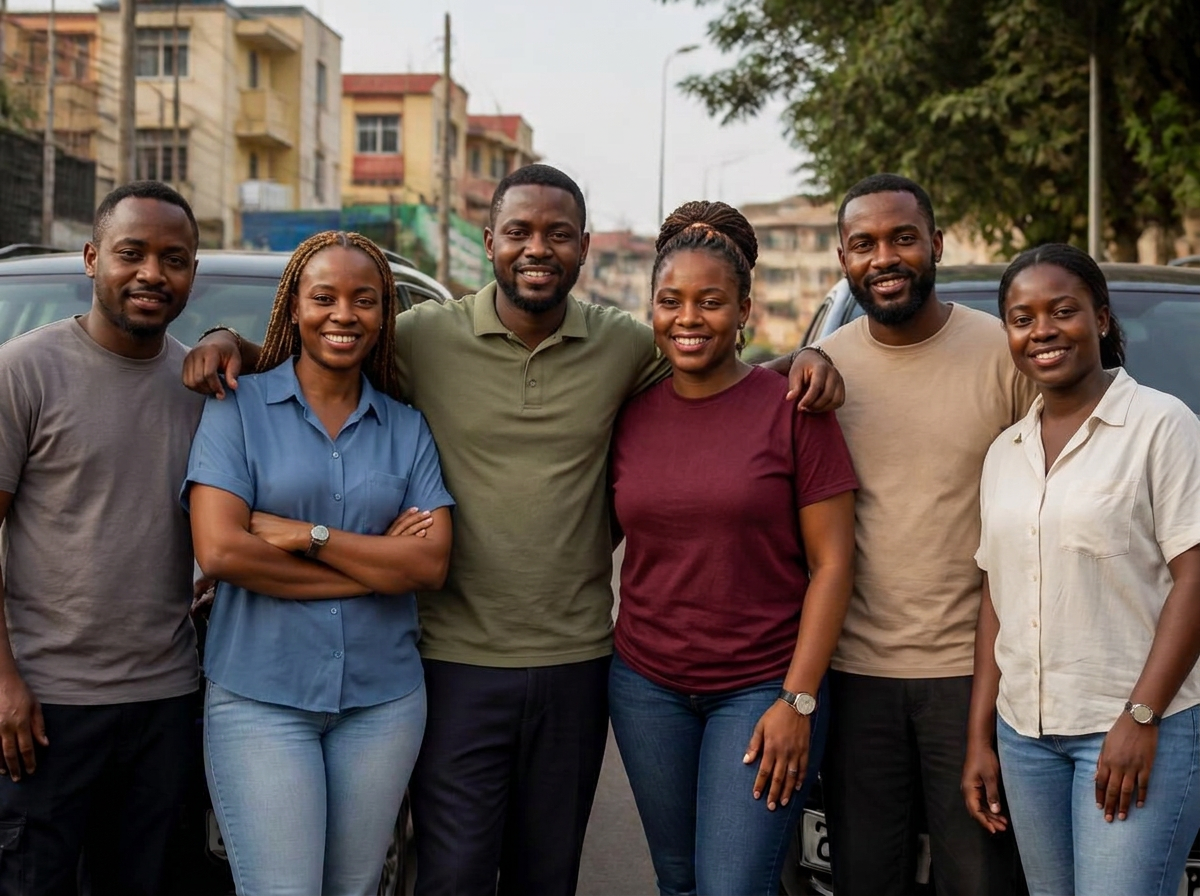 Group of male and female drivers in everyday clothes standing together