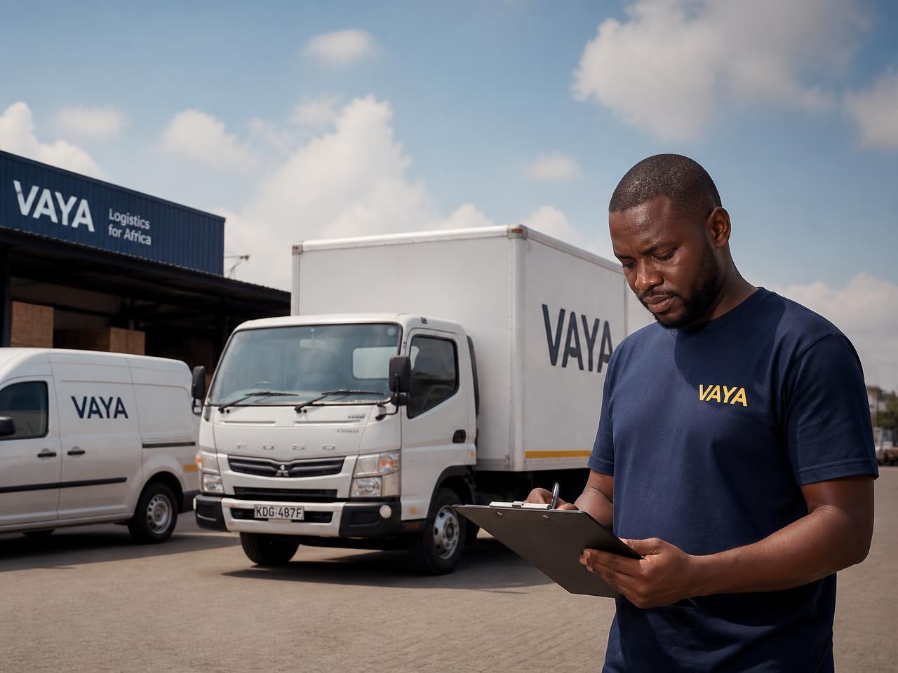 VAYA cargo van and light truck in a logistics yard with a driver in a VAYA t-shirt checking a clipboard