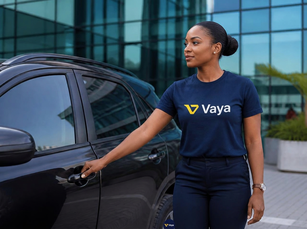 Female VAYA driver in a branded VAYA t-shirt opening the rear door of a dark executive SUV outside a modern office building