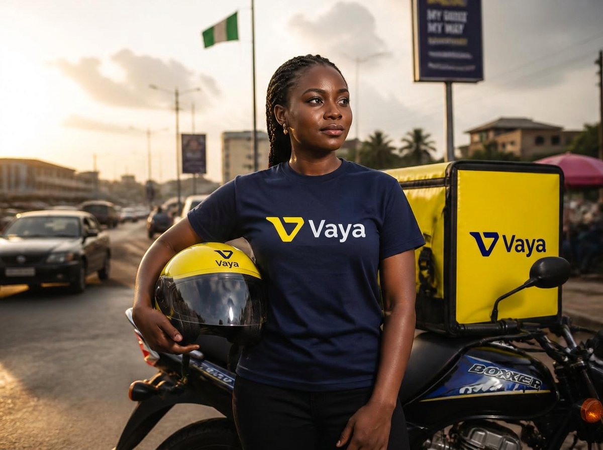 Female VAYA delivery rider in a branded VAYA t-shirt beside her motorcycle with a yellow delivery box