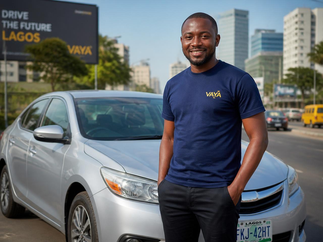 VAYA driver in a branded t-shirt standing beside a silver ride-hailing sedan on a Lagos street