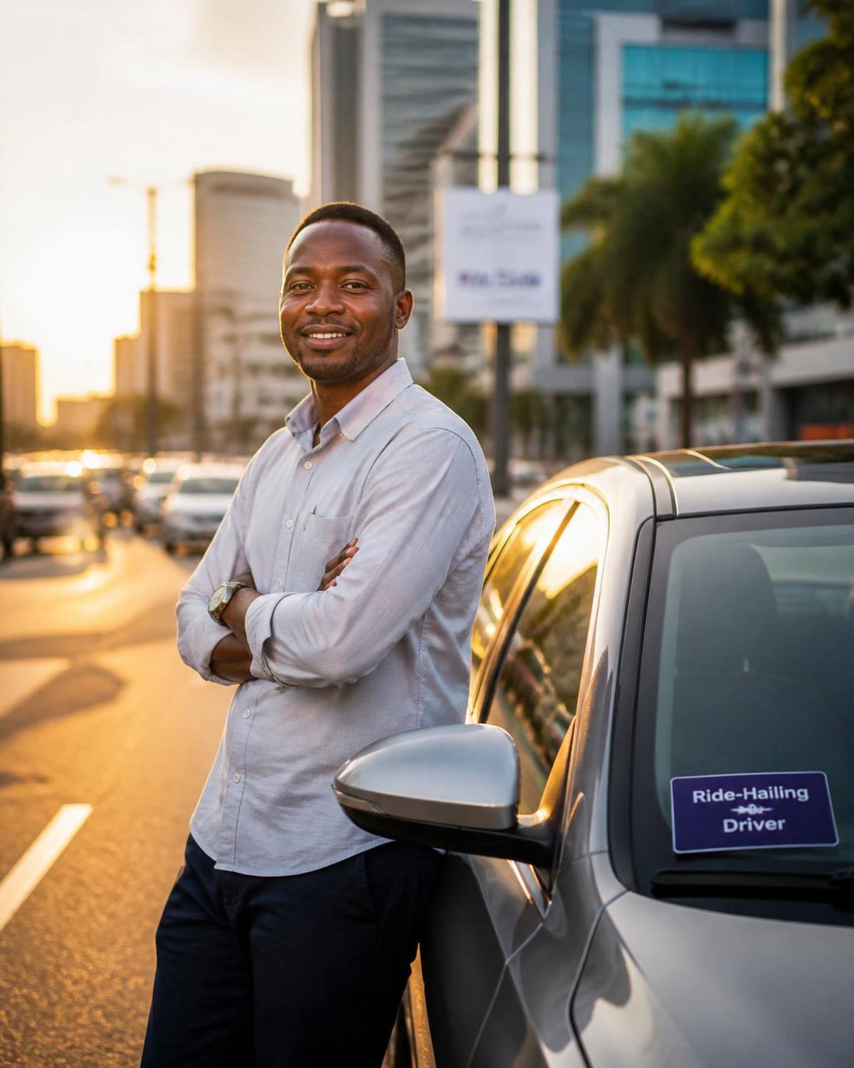 Professional African driver standing confidently beside his vehicle at golden hour
